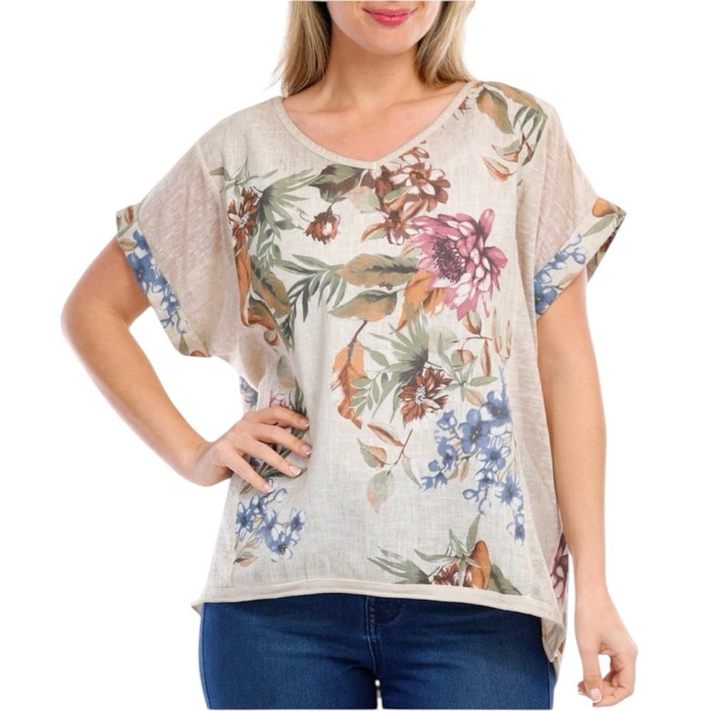 Kaktus Womens Short Sleeve Floral Print Linen Top NWT Size LP